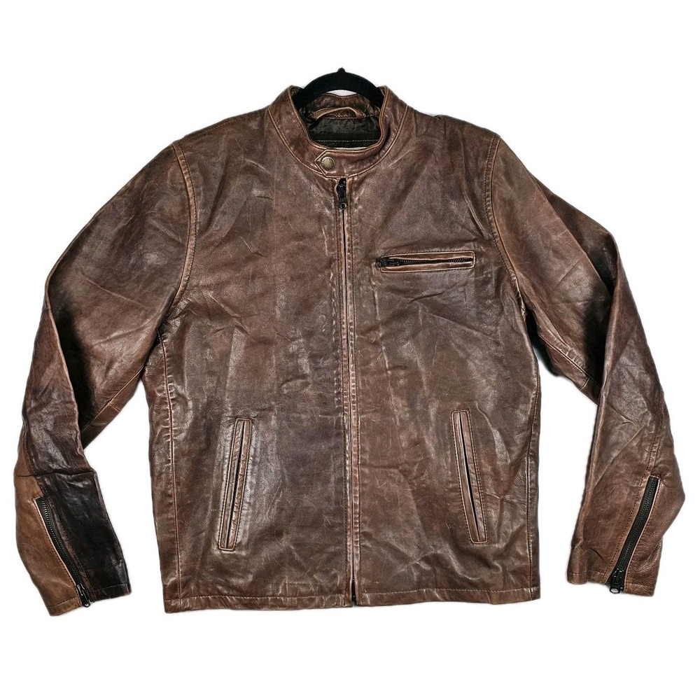 Abercrombie & Fitch Moto Cafe Racer Leather Jacket Men XL Cruiser Riding Burnish